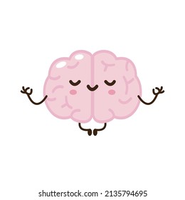 Cute funny human brain organ meditate character with happy face with mental calm yoga relax peace, Vector illustration kawaii icon design Isolated on white background