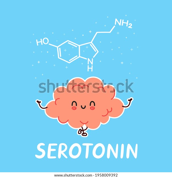 Cute funny human brain organ character and\
serotonine formula. Vector hand drawn cartoon kawaii character\
illustration icon. Brain medical chemistry, serotonine cartoon\
character concept