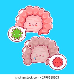 Cute funny human intestine organ and speech bubble. Vector flat line cartoon kawaii character illustration icon. Healthy and unhealthy digestive tract concept