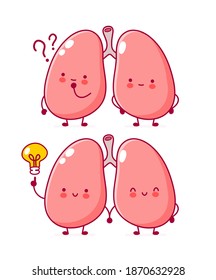 Cute funny human lungs organ character with question mark and idea lightbulb. Vector flat line cartoon kawaii character illustration icon. Isolated on white background. Lungs organ character concept