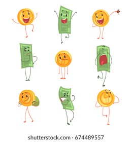 Cute funny humanized banknotes and coins showing different emotions set of colorful characters vector Illustrations