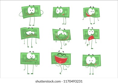 Cute funny humanized banknotes showing different emotions set of colorful characters vector Illustrations