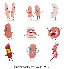 Cute funny humanized sausage, bacon, salami showing different emotions set of colorful characters vector Illustrations