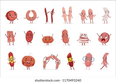 Cute funny humanized sausage showing different emotions set of colorful characters vector Illustrations