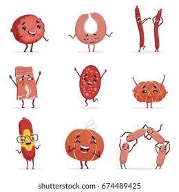 Cute funny humanized sausage showing different emotions set of colorful characters vector Illustrations