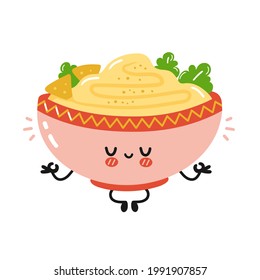 Cute funny hummus bowl character meditate. Vector flat cartoon kawaii character illustration icon. Isolated on white background. Hummus bowl cartoon character concept