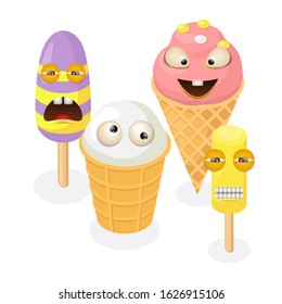Cute funny ice cream characters vector illustration isolated. Various colorful ice cream cone waffle, popsicle on steak. Frozen sweet food dessert vanilla fruits berries flavor.