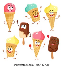 Cute and funny ice cream characters, cones, popsicles with smiling human faces, cartoon vector illustration isolated on white background. Set of colorful ice cream characters, mascots