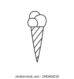 Cute and funny ice cream clipart for summer hot days, colorful, bright, trendy, tasty. Stylized vector with hand drawn outline isolated on background. For sticker, scrapbook, fabric, social media.