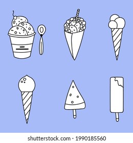 Cute and funny ice cream clipart for summer hot days, colorful, bright, trendy, tasty. Vector illustration isolated on the background