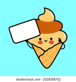 Cute funny Ice cream with poster. Vector hand drawn cartoon kawaii character illustration icon. Isolated on yellow background. Ice cream think concept