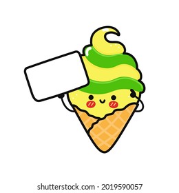 Cute funny Ice cream with poster. Vector hand drawn cartoon kawaii character illustration icon. Isolated on yellow background. Ice cream think concept