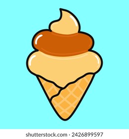 Lindo y divertido helado. Icono de ilustración de personaje kawaii dibujado a mano vectorial. Aislado sobre fondo azul. Concepto de personaje de helado feliz
