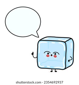 Cute funny Ice Cube with speech bubble. Vector hand drawn cartoon kawaii character illustration icon. Isolated on white background. Happy Ice Cube character concept