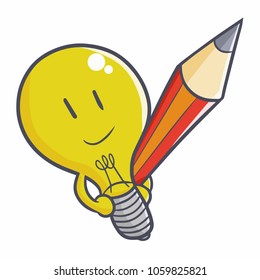 Cute and funny idea bulb lamp smilling and holding a pencil - vector.