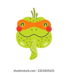 Cara graciosa de superhéroe de iguana en imagen de caricatura de mascarilla. Diseño plano de estilo escandinavo dibujado a mano, vector aislado. Elemento de impresión infantil, animal genial, valiente, súper héroe de historietas