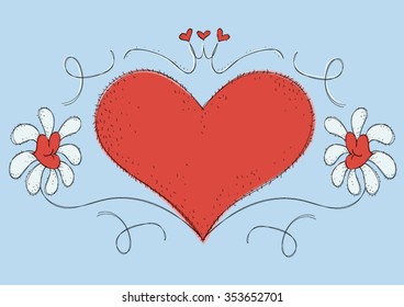 Cute, funny illustration of big, red, furry heart with lips shaped flowers and ornaments.