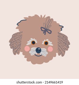 Cute funny illustration, card, print with the face of a toy poodle. Vector portrait of a puppy, small dog