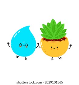 Cute funny indoor plant with drop of water character. Vector hand drawn cartoon kawaii character illustration icon. Isolated on white background. Indoor plant with drop of water character concept