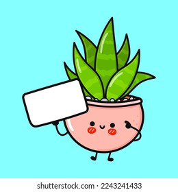 Cute funny indoor plant with poster. Vector hand drawn cartoon kawaii character illustration icon. Isolated on blue background. Happy indoor plant think concept
