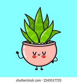 Cute funny indoor plant waving hand. Vector hand drawn cartoon kawaii character illustration icon. Isolated on blue background. Happy indoor plant character concept