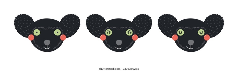 Cute funny indri faces illustrations set. Hand drawn cartoon character. Scandinavian style flat design, isolated vector. Kids print element, poster, card, wildlife, nature, baby animals