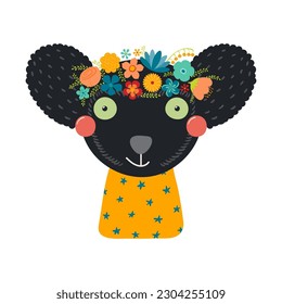 Cute funny indri lemur in floral wreath, t-shirt. Hand drawn cartoon character illustration. Scandinavian style flat design, isolated vector. Kids print element, flower crown, summer blooms, blossoms