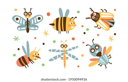 Cute Funny Insects Collection, Adorable Wasp, Colorado Beetle, Dragonfly, Honey Bee Cartoon Vector Illustration