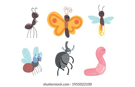 Cute Funny Insects Set, Ant, Butterfly, Firefly, Fly, Earthworm Cartoon Vector Illustration