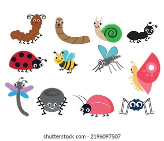 Cute Funny Insects Set, Beetle, Mosquito, Dragonfly, Butterfly, Bee, Caterpillar, Snail, Ant, Spider Creatures Cartoon Vector Illustration.