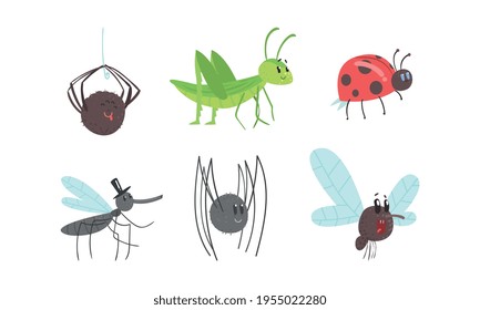 Cute Funny Insect Set, Ladybug, Spider, Grasshopper, Mosquito, Fly Cartoon Vector Ilustración