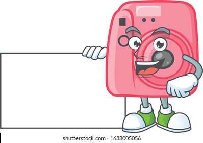 Cute funny instan camera cartoon character having a board