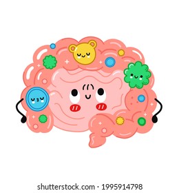 Cute funny intestine organ with good bacterias,microflora. Vector hand drawn cartoon kawaii character illustration. Isolated on white background. Intestine,microflora,probiotics character concept