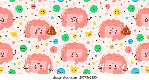 Cute funny intestine organ with good bacterias,microflora seamless pattern. Vector cartoon kawaii character illustration. Intestine,microflora,bacteria,probiotics character seamless pattern concept