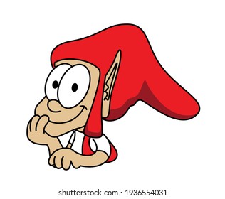 Cute funny isolated elf smiling and resting his head on his hand on a white background. Hand drawn cartoon style vector illustration.