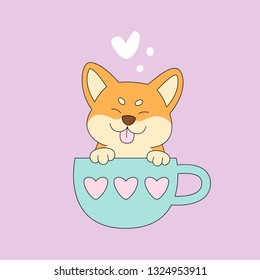 Cute funny japan dog sitting in cup with hearts. Small puppy cartoon character illustration. Perfect for kids game, book, t-shirt, card, print. Vector