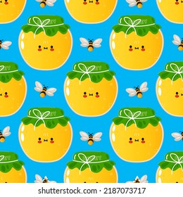 Cute funny jar of honey blue pattern. Vector hand drawn cartoon kawaii character illustration icon. Isolated on blue background. Happy jar of honey character concept