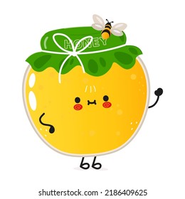 Cute funny jar of honey waving hand character. Vector hand drawn cartoon kawaii character illustration icon. Isolated on white background. Happy jar of honey character concept