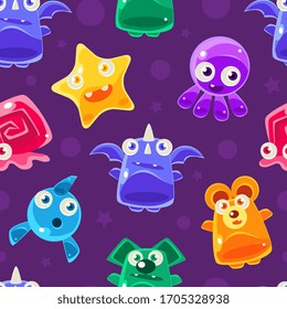 Cute Funny Jelly Monsters Cartoon Characters Seamless Pattern, Design Element Can Be Used for Website, Wallpaper, Background Vector illustration