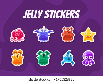 Cute Funny Jelly Monsters Stickers Collection, Funny Colorful Emoticons Cartoon Characters Vector Illustration