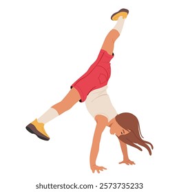 Cute funny joyful girl child character with strong hands standing upside down performing positive mood feeling excited vector illustration. Little athletic kid acrobat enjoying amusing entertainment