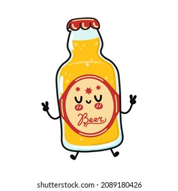 Cute funny jumping bottle of beer hand character. Vector hand drawn cartoon kawaii character illustration icon. Isolated on white background. Bottle of beer character concept