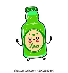 Cute funny jumping bottle of beer hand character. Vector hand drawn cartoon kawaii character illustration icon. Isolated on white background. Bottle of beer character concept