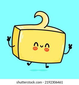 Curiosa mantequilla saltando. Caricatura dibujada a mano del vector icono de ilustración del personaje kawaii. Aislado sobre fondo azul. Concepto de mantequilla