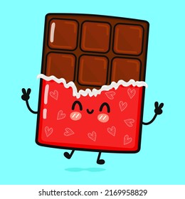 Cute funny jumping chocolate. Vector hand drawn cartoon kawaii character illustration icon. Isolated on blue background. Happy chocolate concept