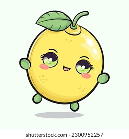 Cute funny jumping lemon. Vector hand drawn cartoon kawaii character illustration icon. Isolated on green background. Lemon concept