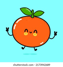 Cute funny jumping mandarin. Vector hand drawn cartoon kawaii character illustration icon. Isolated on blue background. Happy mandarin concept