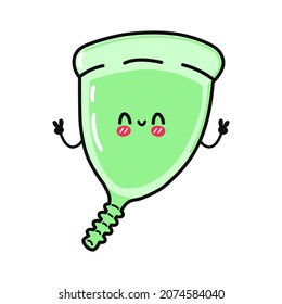 Cute funny jumping menstrual cup waving hand character. Vector hand drawn cartoon kawaii character illustration icon. Isolated on white background. Menstrual cup character concept