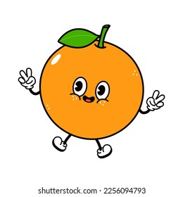 Cute funny jumping orange fruit waving hand character. Vector hand drawn traditional cartoon vintage, retro, kawaii character illustration icon. Isolated white background. Happy orange fruit character