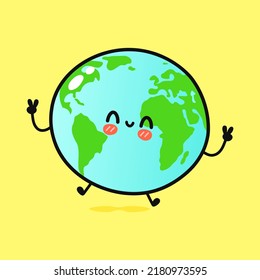 El gracioso planeta Tierra saltando. Caricatura dibujada a mano del vector icono de ilustración del personaje kawaii. Aislado sobre fondo amarillo. Concepto del planeta Tierra feliz